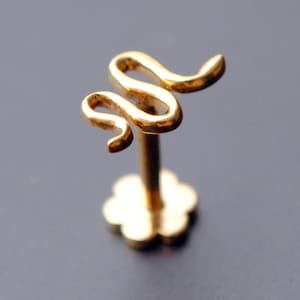 14K 18K Solid Gold Snake Earring, Threaded Flatback Gold Tragus Flat Conch Serpent Stud, Small Serpentine Stud, Unisex Slytherin Theme Gift