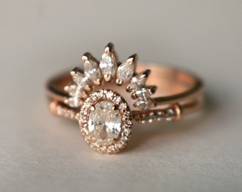 Oval Diamond Halo Engagement Ring Set, Marquise Diamond Curved Nesting Wedding Band, 14k 18k Solid Gold Bridal Ring Set, Edwardian Ring Set