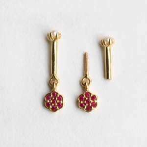Freshwater Pearl & Natural Ruby Dangle Stud, 14k 18k Solid Gold Vertical Helix, Double Ended Barbel, Piercing Jewlery Floral Dangle