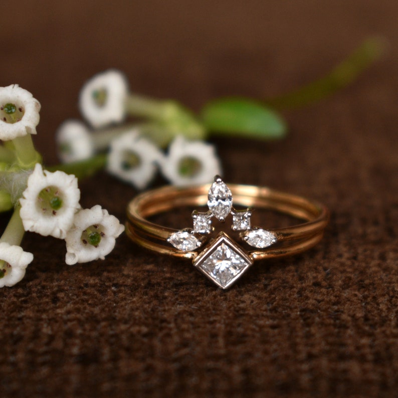 Princess Diamond Wedding Ring Set, 14k Solid Gold Bridal Engagement Ring Set, Marquise Diamond Chevron V Wedding Band, Diamond Set image 3