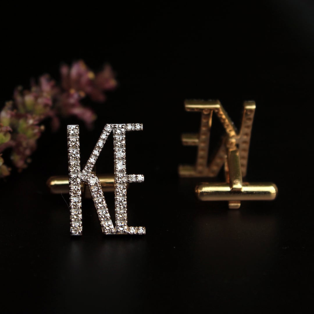 Personalized 14k Gold & Diamond Cufflinks for Men, Initial Monogram