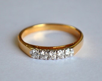 Five Stone Diamond Band Ring, 14K Solid Yellow Gold Diamond Journey Ring, Broad Diamond His And Her Band