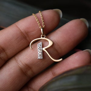 Dije de inicial diminuto de oro macizo de 14 k, colgante de diamante natural, collar con alfabeto y corazón, joyería con inicial personalizada, regalo para mamá, mejor amiga y novia