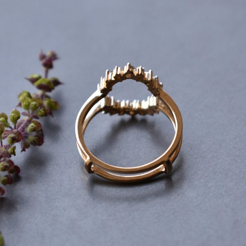 Natural Diamond Ring Guard, Oval Flower Shaped Engagement Ring Wrap, 14k 18k Solid Gold & Baguette Round Diamond Custom Fit Enhancer image 8