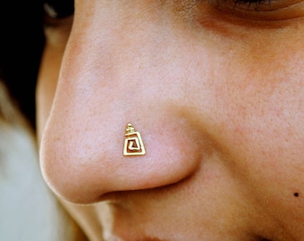 Solid Gold Nose Pin, C/L Twist Wire Trapezium Spiral Nose Stud, Geometric Boho Piercing Jewelry, 20g 22g 24g