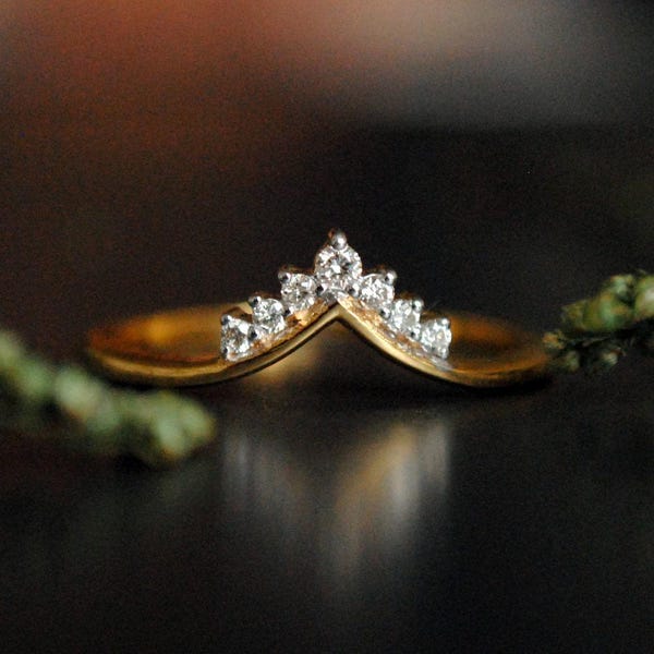 Anillo de compromiso/bola nupcial con diseño de chevrón y diamantes naturales, oro macizo de 14k y 18k apilable con 7 diamantes, tiara, horquilla, promesa, boda y corona nupcial.