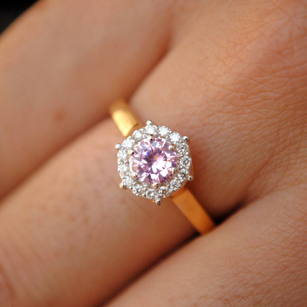 Pink Engagement Ring with Natural Diamonds and 18K Solid Gold Etsy