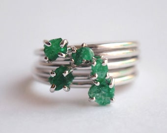 Rough Natural Emerald Gemstone Ring Crystal, Sterling Silver Stack Rings, May Birthstone Jewery, Bridesmaid gift