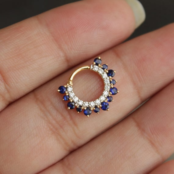 6mm 8mm 10mm Natural Blue Sapphire and Diamond Septum Daith Clicker Ring 14K Solid Gold Hoop Earring 16g 18g Piercing Jewelry Etsy