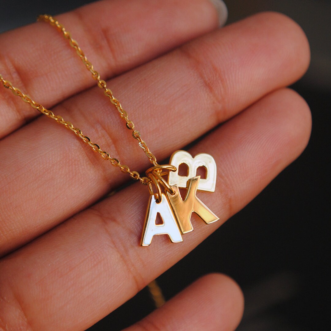 14K Solid Gold 3 Initial Charm Necklace Custom Custom Etsy France