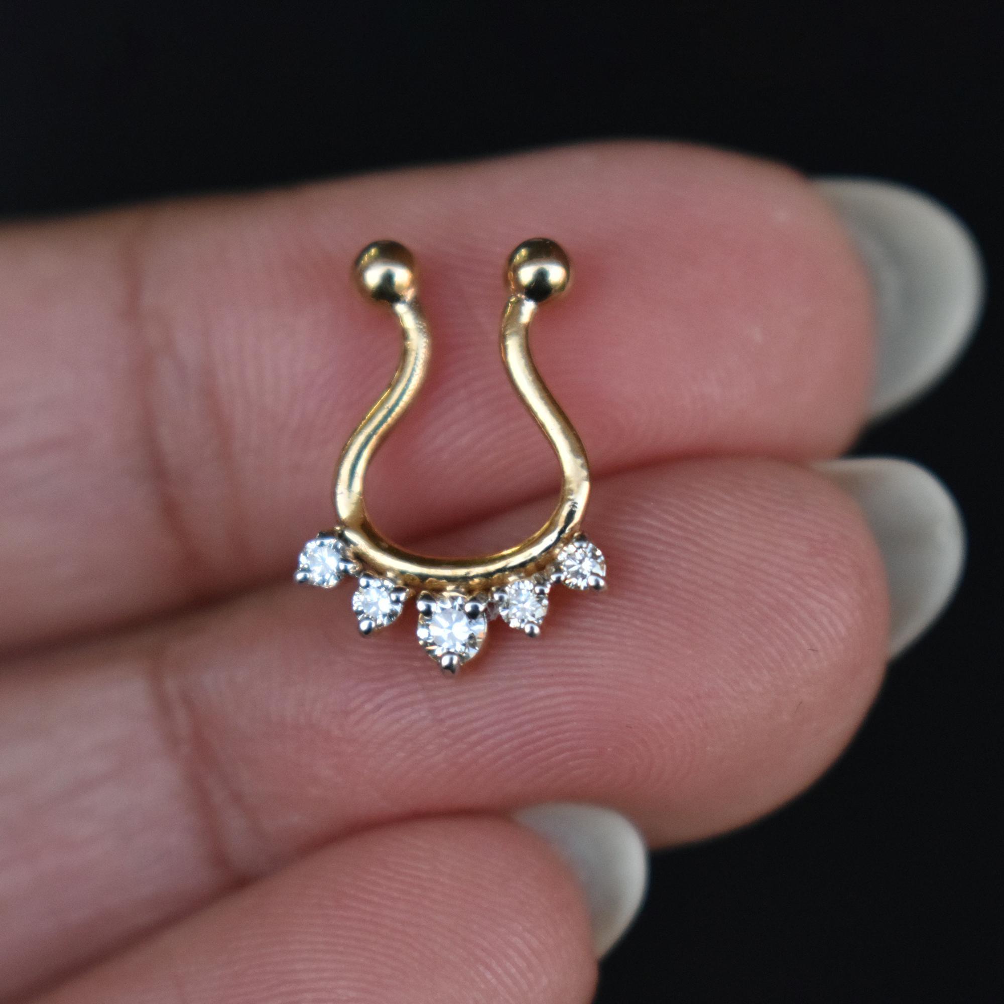 22k Solid Gold CLIP ON SEPTUM Ring, Natural Diamond Fake Septum, Faux ...