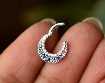 Crescent Blue Sapphire & Diamond Septum Daith Ring, 14K 18K Solid Gold Clicker, Natural Gemstone Piercing Jewelry, September Birthstone Gift