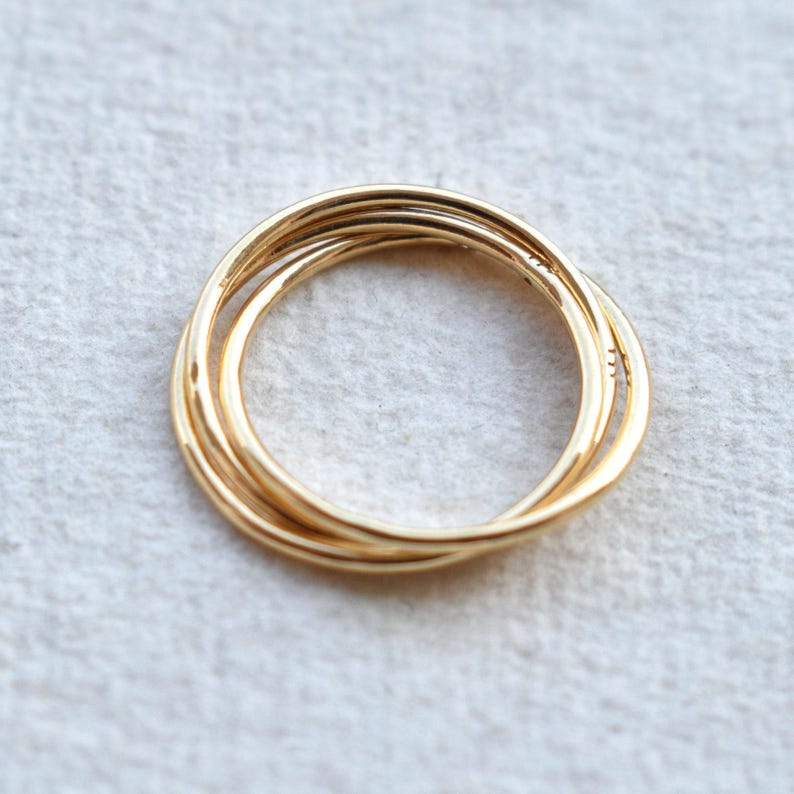 14k 18k Solid Gold Three Rolling Ring, 1mm Triple Interlocked Pave Diamond Ring, Fidget Band image 8
