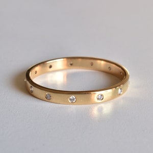 2mm Flush Set Diamond Eternity Wedding Band, 14K Solid Gold Simple Glossy Gold Stacking Ring, Mid Knuckle Thumb Ring