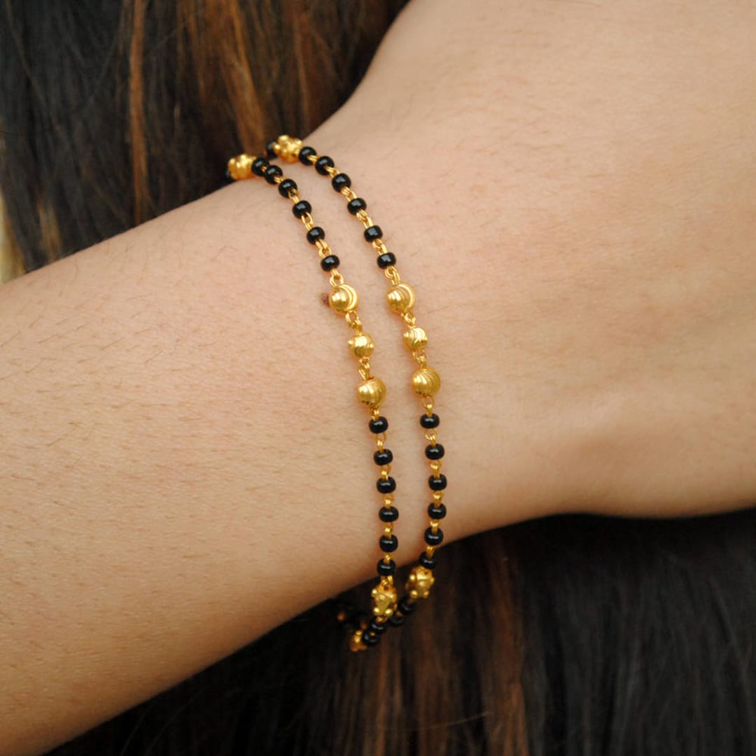 18K Solid Yellow Gold Double Strand Mangalsutra Bracelet With Gold Chain  and Black Beads, Layered Gold Bracelet, Indian Bridal Bracelet 