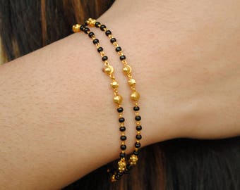 18K Solid Yellow Gold Double Strand Mangalsutra Bracelet with Gold Chain and Black Beads, Layered Gold Bracelet, Indian Bridal Bracelet