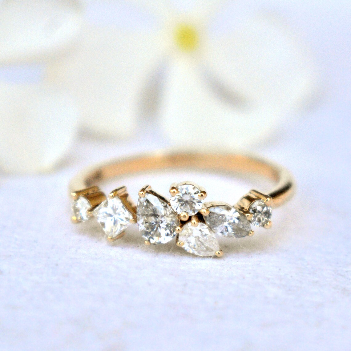 Multi Stone Asymmetric Cluster Ring in Solid 14k Yellow Gold Etsy