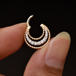 5 mm-10 mm massief goud en echte diamant septum daith clicker, 14k 18k gouden ring met 3 lijnen, halo-neusring met rimpeleffect, 14g 16g 18g piercing