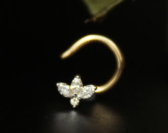 Tiny Marquise Diamond Lotus Stud in Solid 14k Gold for Tragus Lobe Conch Cartilage Helix Lip Body Piercing