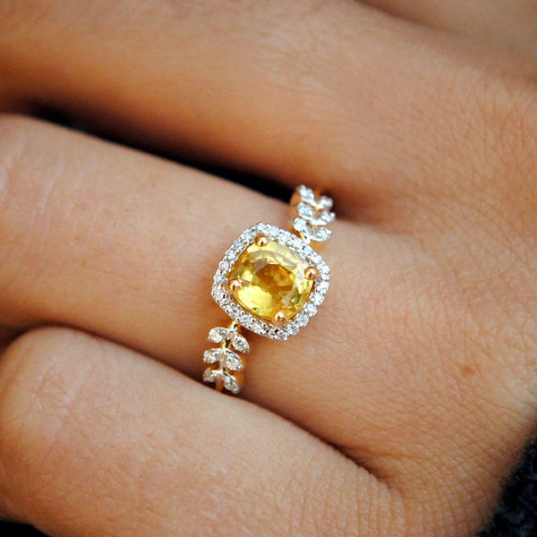 Natural Yellow Sapphire & Diamond Halo Engagement Ring, 14k 18k Solid Gold Bridal Ring, September Birthstone Ring, Gemstone Leaf Vine Ring