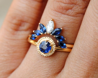 Blue Sapphire Engagement Ring with Sapphire and Diamond Curved Bridal Stack Ring Set