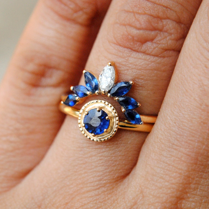 Blue Sapphire Engagement Ring with Sapphire and Diamond Curved Bridal Stack Ring Set image 1
