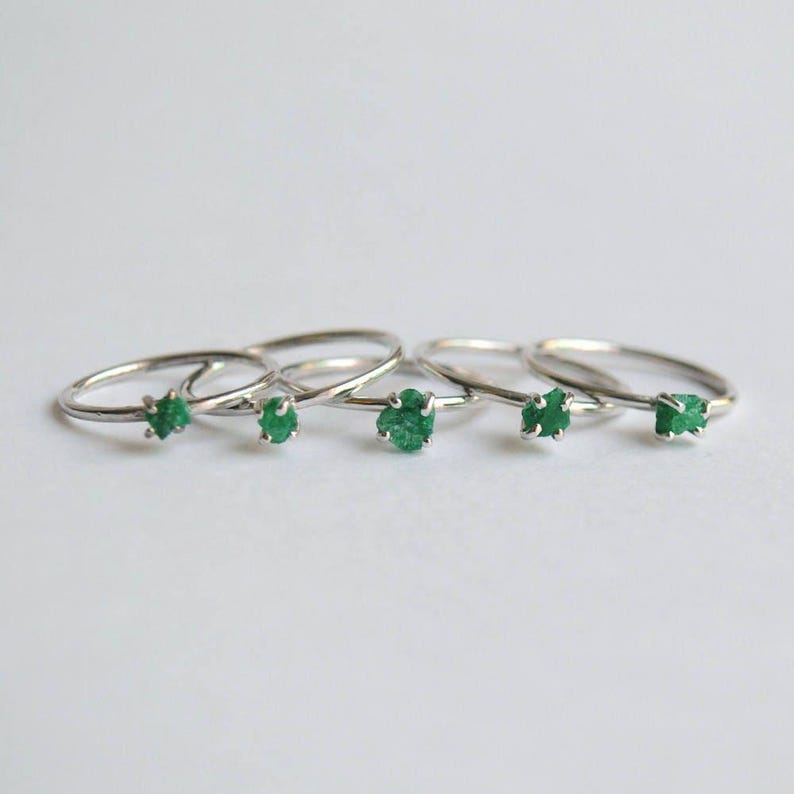 Rough Natural Emerald Gemstone Ring Crystal, Sterling Silver Stack Rings, May Birthstone Jewery, Bridesmaid gift image 2