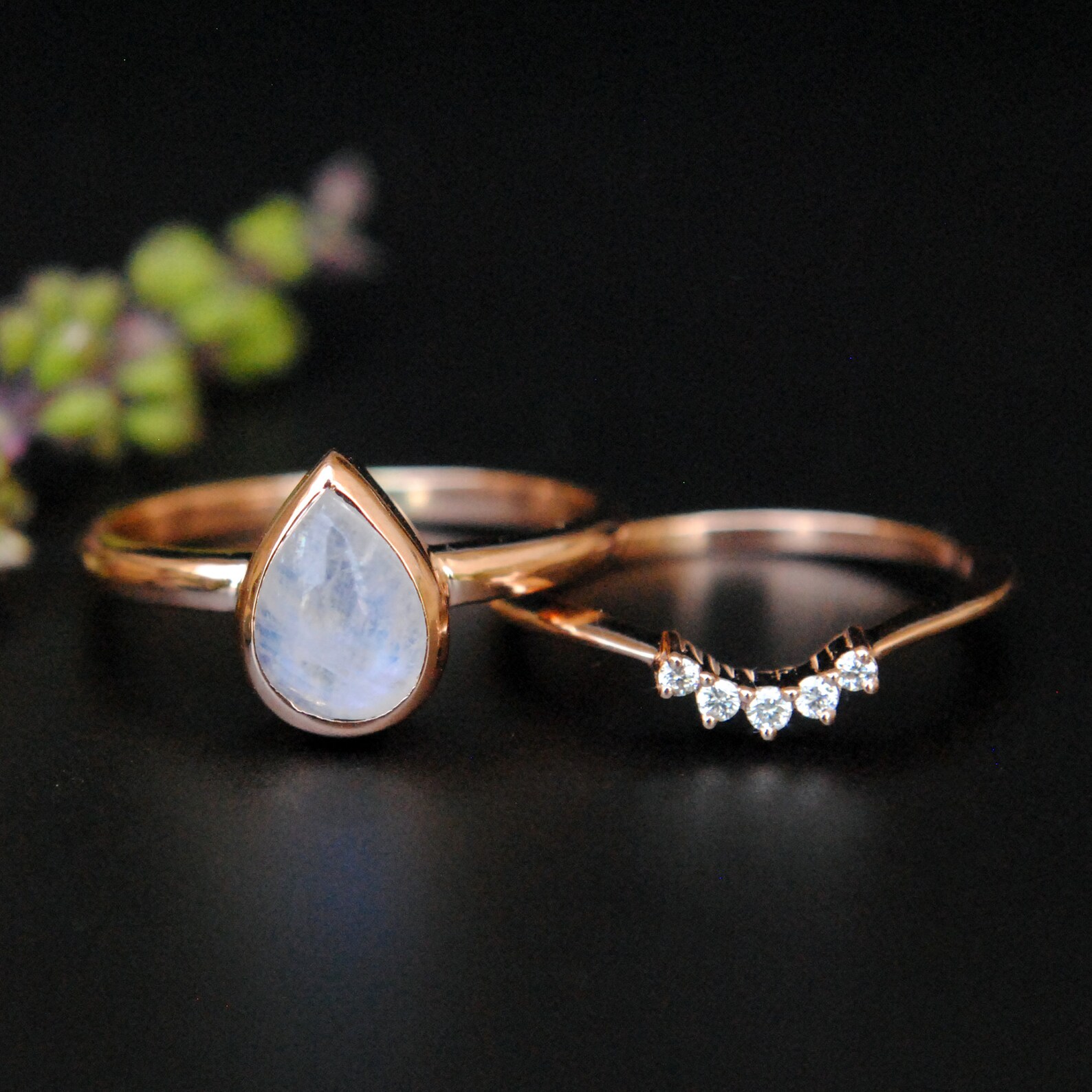 Rainbow Moonstone and Diamond Wedding Ring Set 14K Rose Gold - Etsy