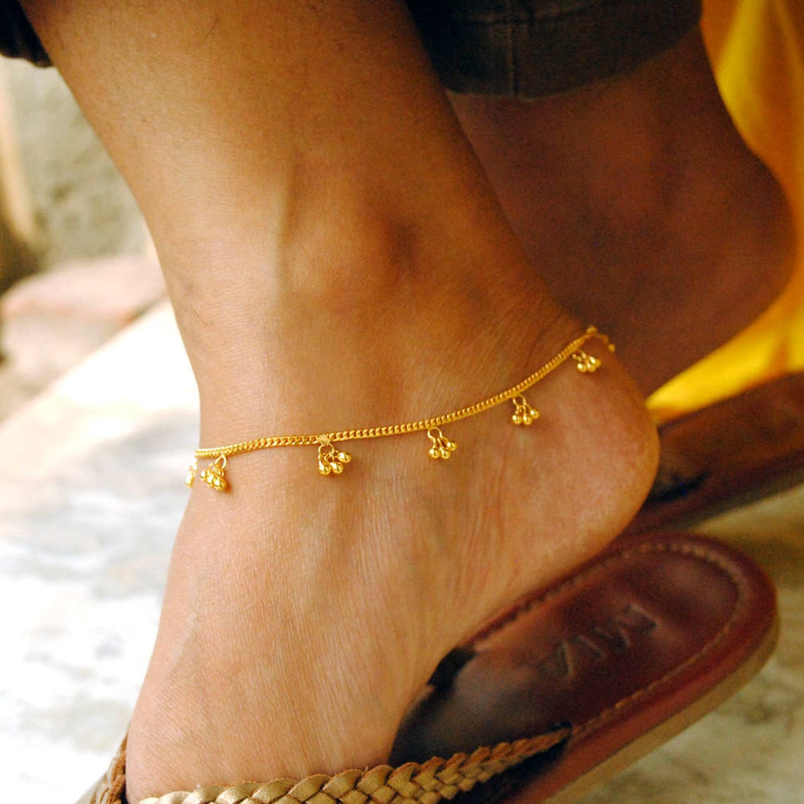 18K Solid Gold Anklet with Bells Indian Tribal Gold Bell Etsy