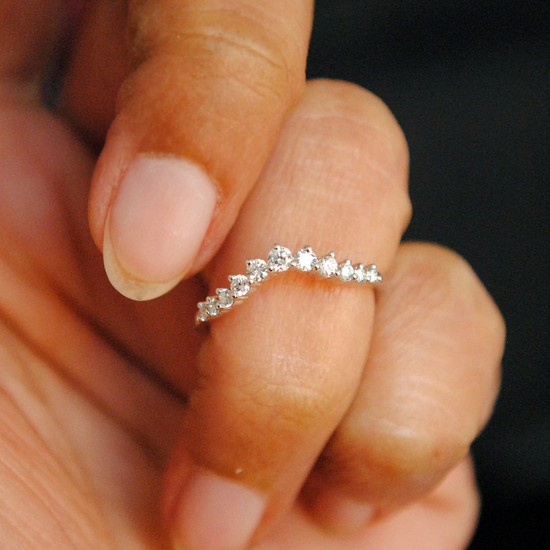 Prong Diamond Curved Wedding Band 14K Gold 11 Diamond Slight | Etsy