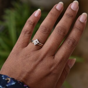 Princess Diamond Wedding Ring Set, 2pc Bridal Ring Set, 2 Tone 14k 18k Solid Gold Engagement Rings, Art Deco Geometric Stack Rings image 6