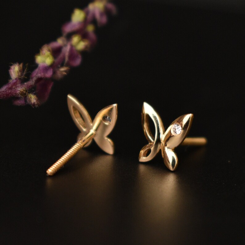 14k Solid Gold Butterfly Earrings with Flush Set Natural Etsy