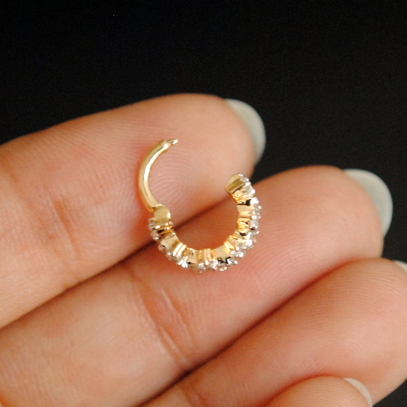Diamond Clicker Hoop. 14k Solid Gold Nose Cartilage Conch Etsy