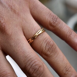 14k 18k Solid Gold Three Rolling Ring, 1mm Triple Interlocked Pave Diamond Ring, Fidget Band image 6