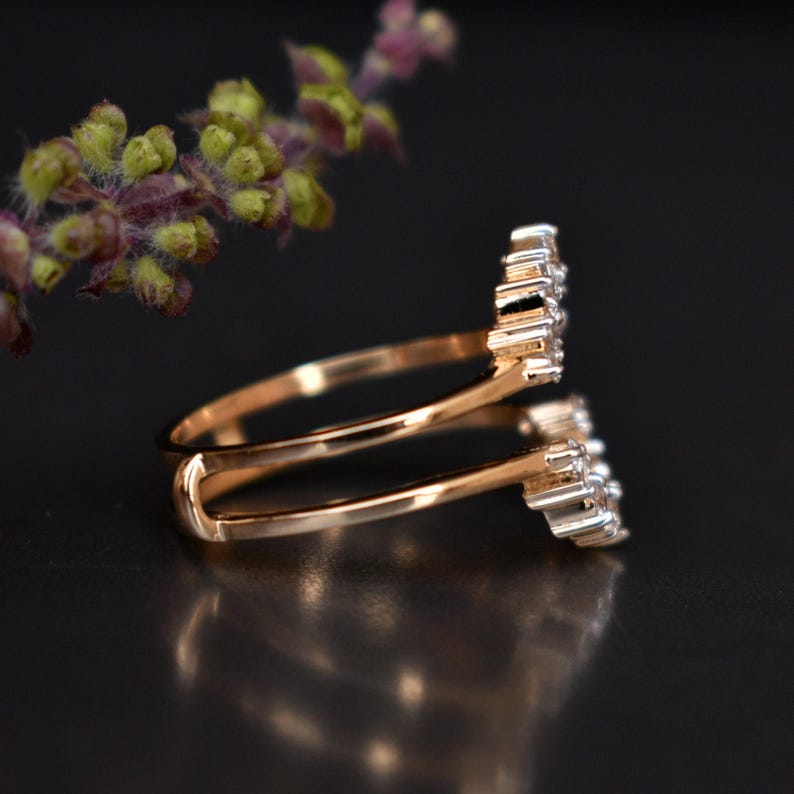 Natural Diamond Ring Guard, Oval Flower Shaped Engagement Ring Wrap, 14k 18k Solid Gold & Baguette Round Diamond Custom Fit Enhancer image 4