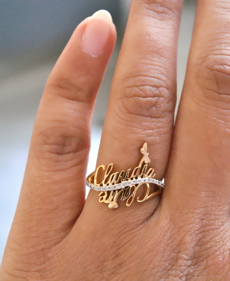 Custom Two Name  Ring  14K Yellow Gold Diamond Engagement  