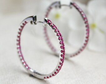 30mm Natural Ruby Gold Hoop Earrings, Real 2mm Pink Ruby Gemstone, 14k 18k Solid Gold, Large Inside Out Statement Earrings, July Birthstone