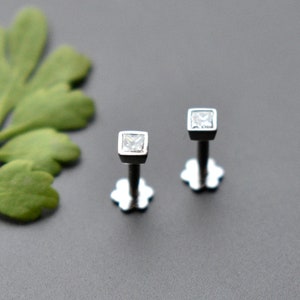 Princess Cut Natural Diamond Piercing Stud, Small Square Earrings for Her, 14k 18k SOLID Gold Nostril Lobe Cartilage Helix Tragus Jewelry