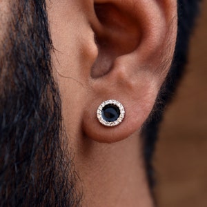 Black Enamel Ear Stud for Men, 14k Solid Gold and Natural Diamond Halo Earring, Round Diamond Halo Earrings, Gift for Dad Husband Brother BF