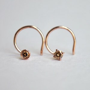 Natural Brown Diamond Stud in 14K Solid Gold, Cognac/Champagne Diamond Flatback Twist Wire Stud, Nose Ear Lip Brow Body Piercing