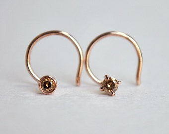 Natural Brown Diamond Stud in 14K Solid Gold, Cognac/Champagne Diamond Flatback Twist Wire Stud, Nose Ear Lip Brow Body Piercing