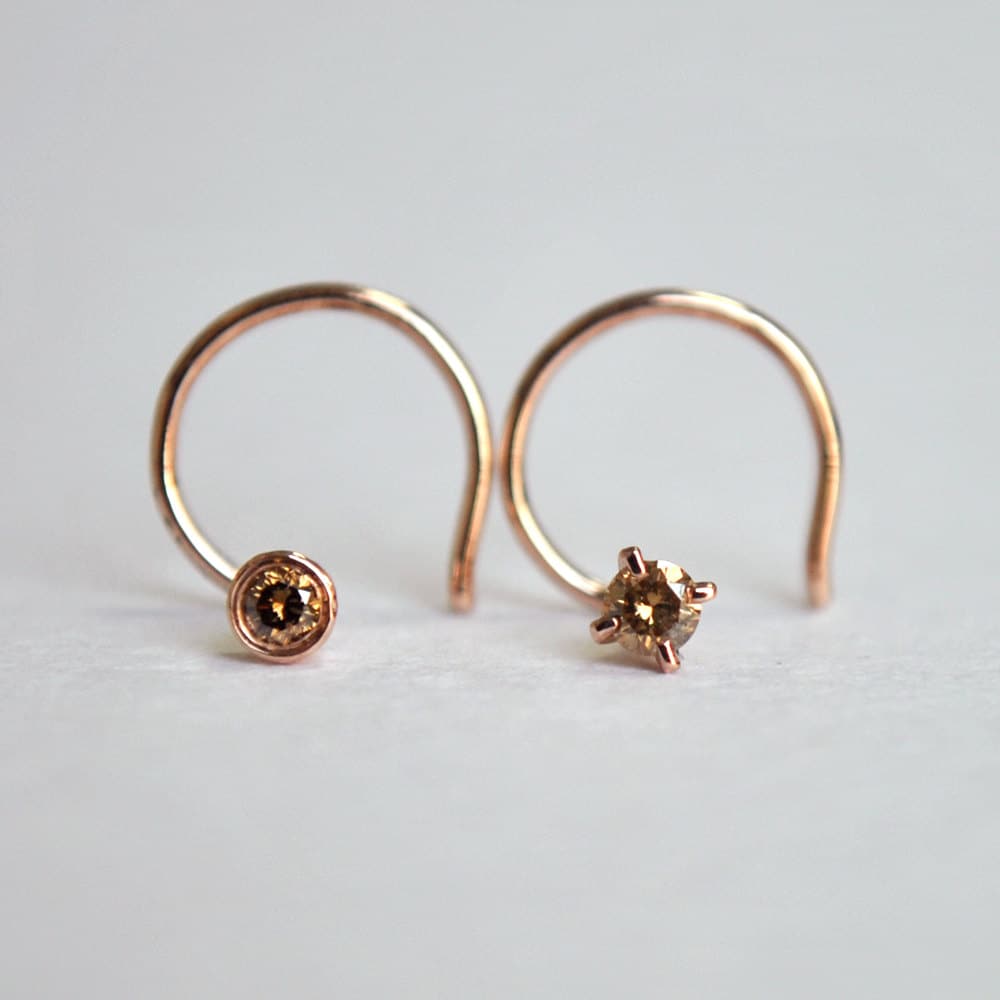 Natural Brown Diamond Stud in 14K Solid Gold Cognac champagne