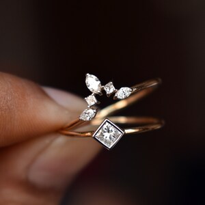 Princess Diamond Wedding Ring Set, 14k Solid Gold Bridal Engagement Ring Set, Marquise Diamond Chevron V Wedding Band, Diamond Set image 2