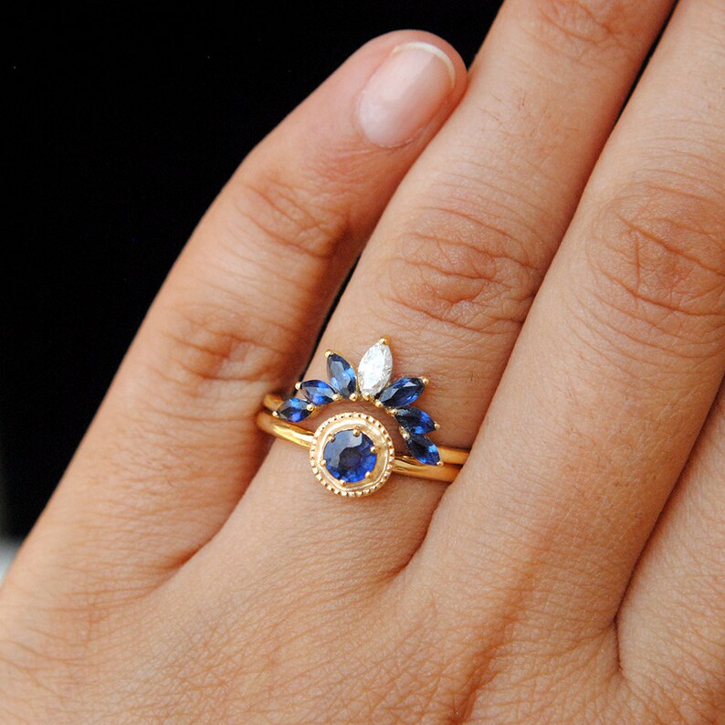 Blue Sapphire Engagement Ring with Sapphire and Diamond Curved Bridal Stack Ring Set image 9