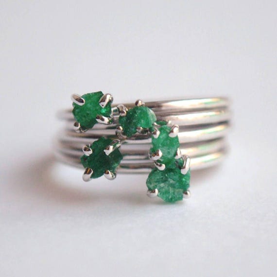 Rough Natural Emerald Gemstone Ring Crystal, Sterling Silver Stack Rings, May Birthstone Jewery, Bridesmaid gift