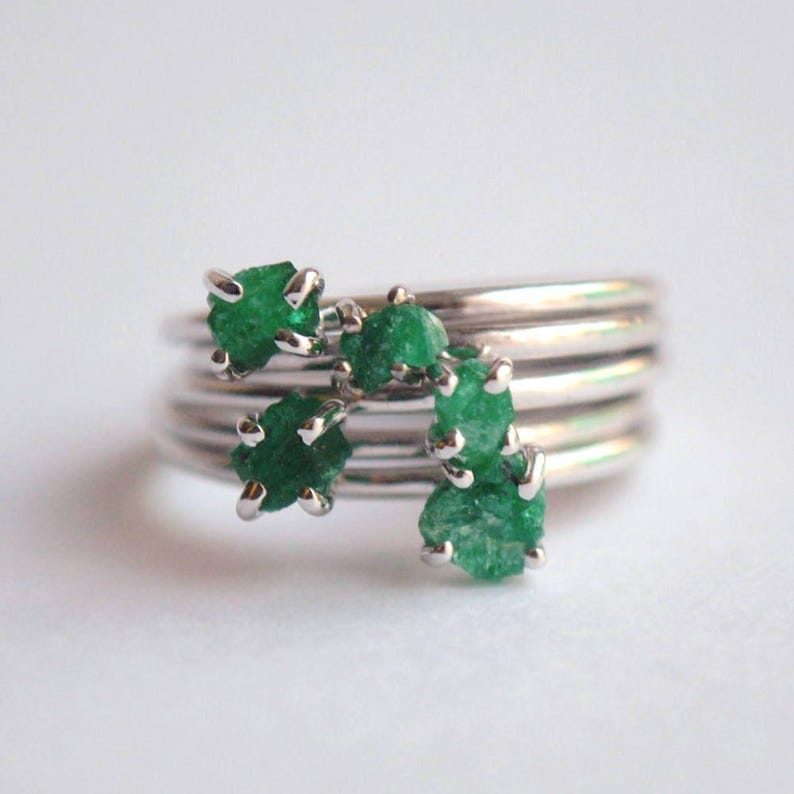 Rough Natural Emerald Gemstone Ring Crystal, Sterling Silver Stack Rings, May Birthstone Jewery, Bridesmaid gift image 1