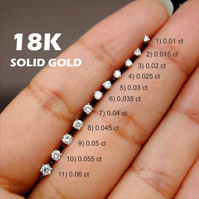 0.01 - 0.10 Ct Genuine Real Diamond & 18K Solid Gold Threaded Top Stud ...