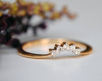 Curved Diamond Tiara Wedding Band, 14k 18k Solid Gold & Natural Diamond Stacking Ring, Bridal Engagement Ring, Made to Fit