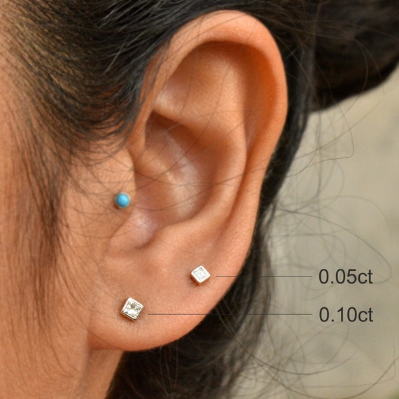 Princess Cut Natural Diamond Piercing Stud Small Square Earrings for Her 14k 18k SOLID Gold Nostril Lobe Cartilage Helix Tragus Jewelry Etsy Canada