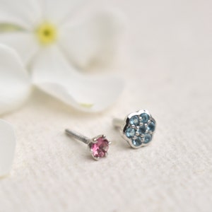 Natural Pink Tourmaline & London Blue Topaz Double Sided Stud, 14k 18k Solid Gold Floral Reversible Earring, 16g Threaded Piercing Jewlery